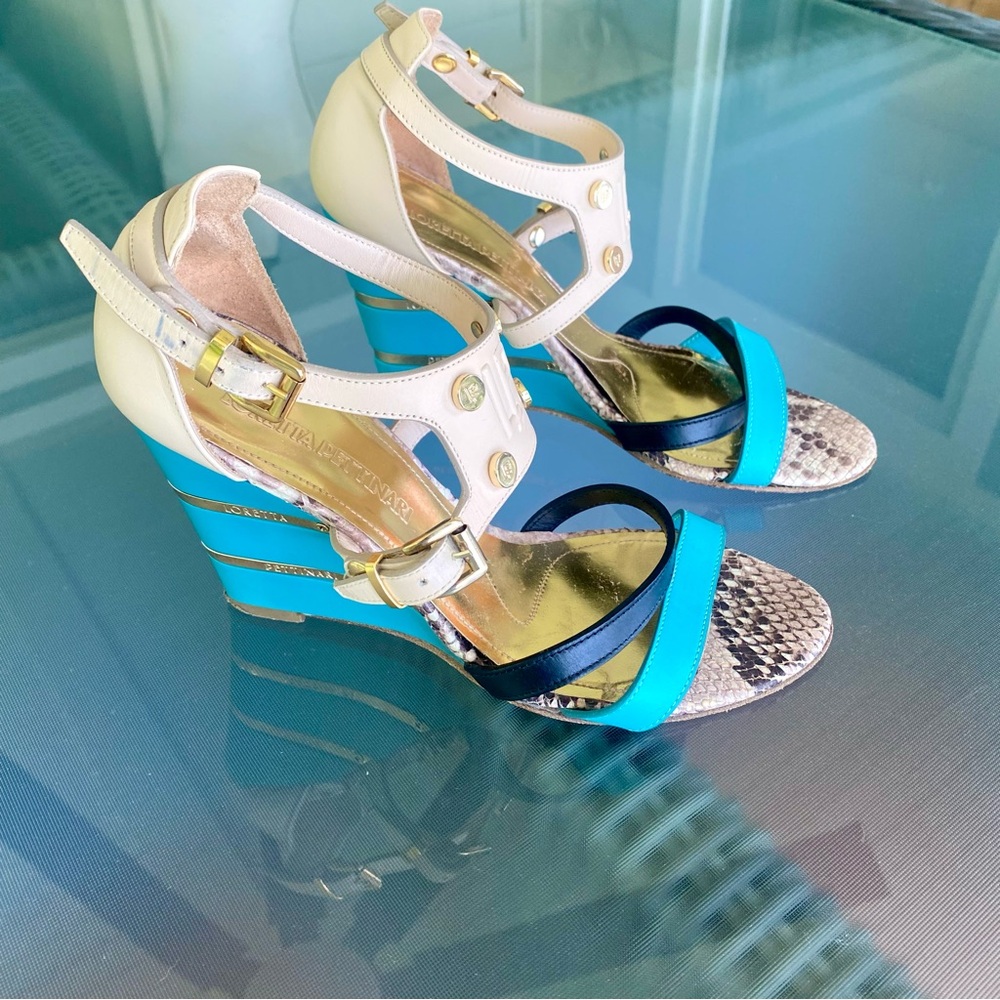 🇮🇹Loretta Pettinari, Italy 38. Turquoise Blue & Cream Strappy Wedge Sandals. 38 - Picture 7 of 16